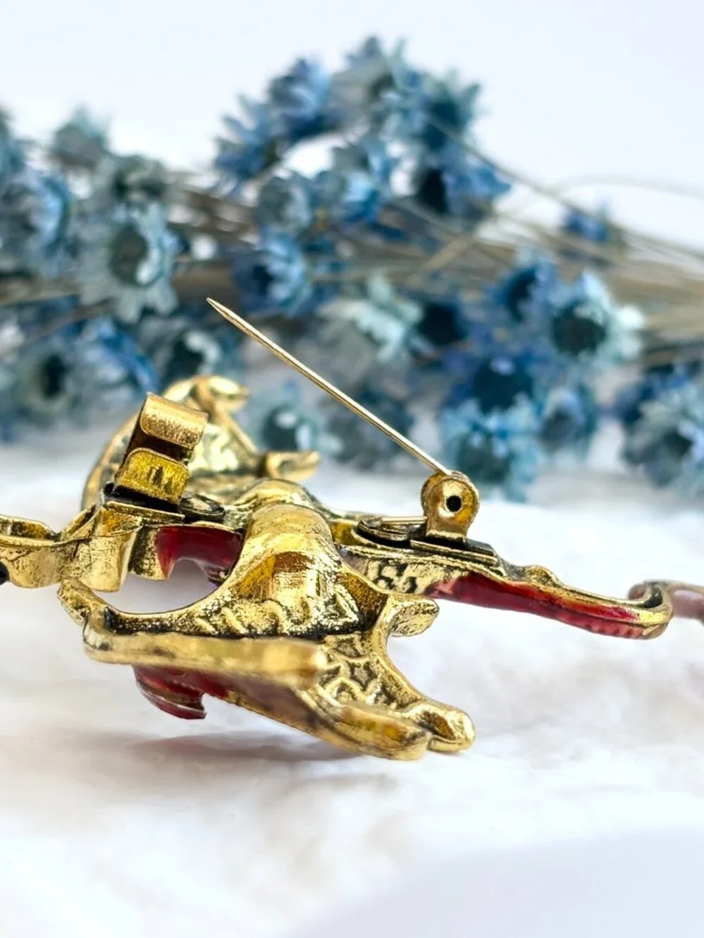 Flying Dragon Figural Red Winged Enameled Rhinestone Ornate Textured Brooch Pin
